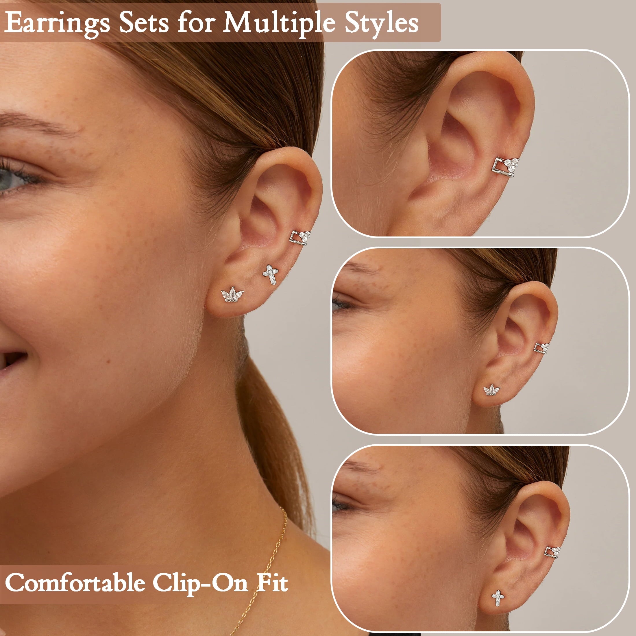 3 Pairs 925 Sterling Cross Earrings Set for Women, Flower Studs and Ear Cuffs Jewelry Set for Her