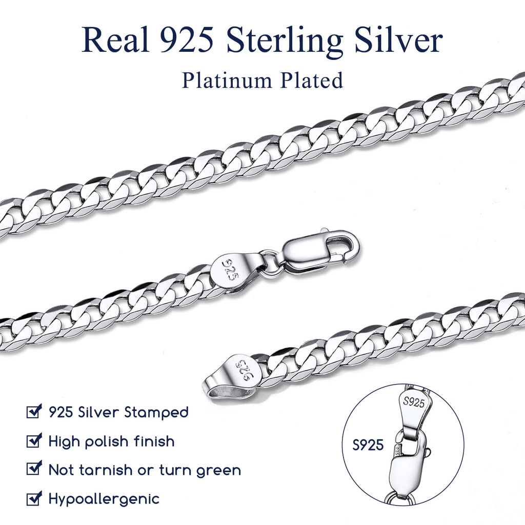 Solid 925 Sterling Chain Necklace 3mm Flat Curb Cuban Link Chain Jewelry for Men Women