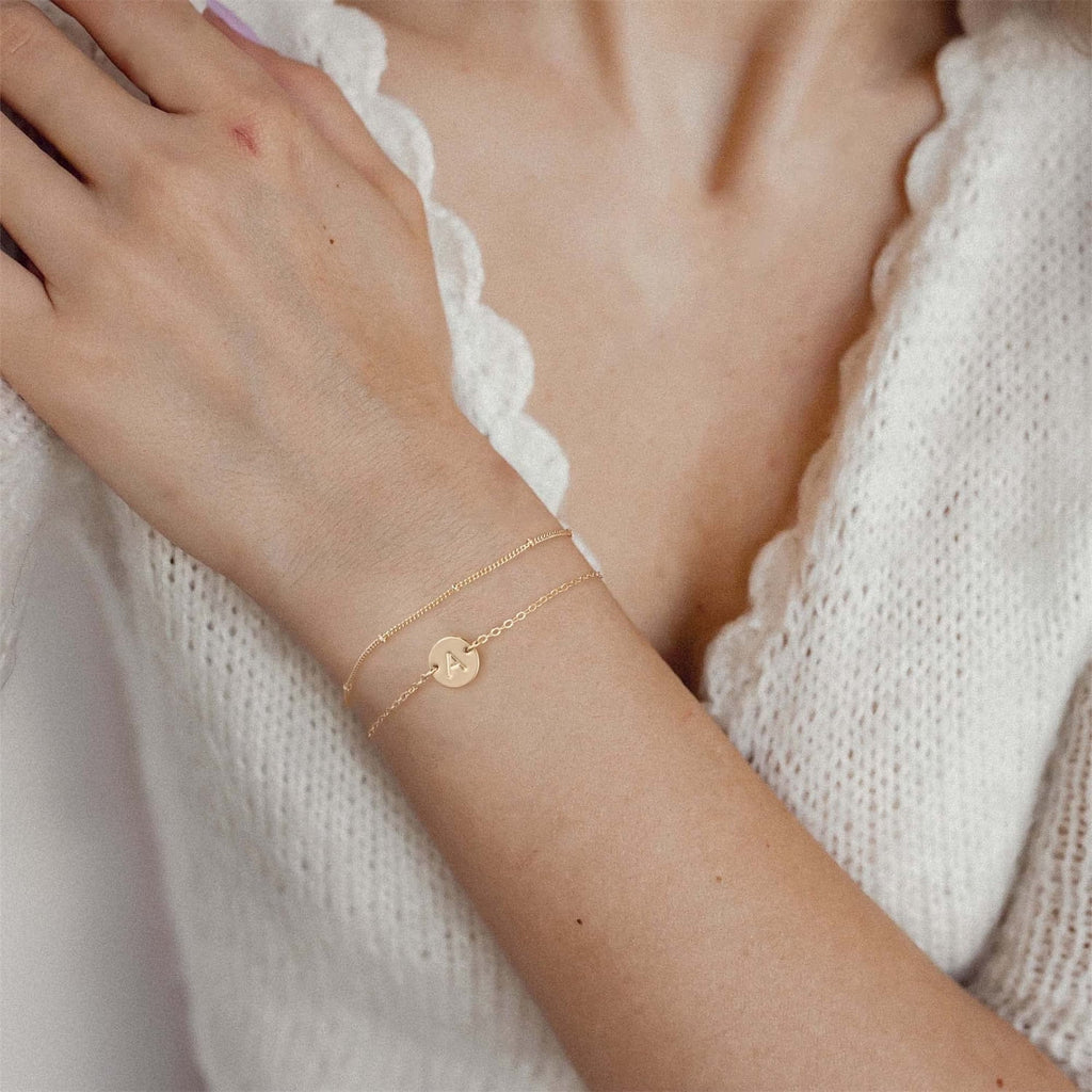 14K Plated Layered Initial Bracelets for Women Girls Dainty Adjustable Disc Charm Chain Personalized Letter A-Z Jewelry Easter Gifts for Women Girls