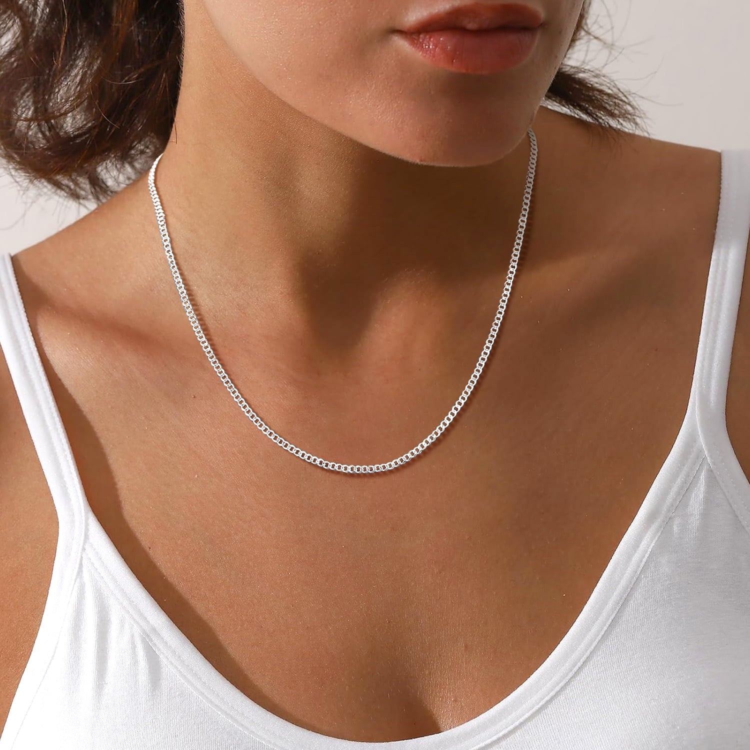 Solid 925 Sterling Chain Necklace 3mm Flat Curb Cuban Link Chain Jewelry for Men Women