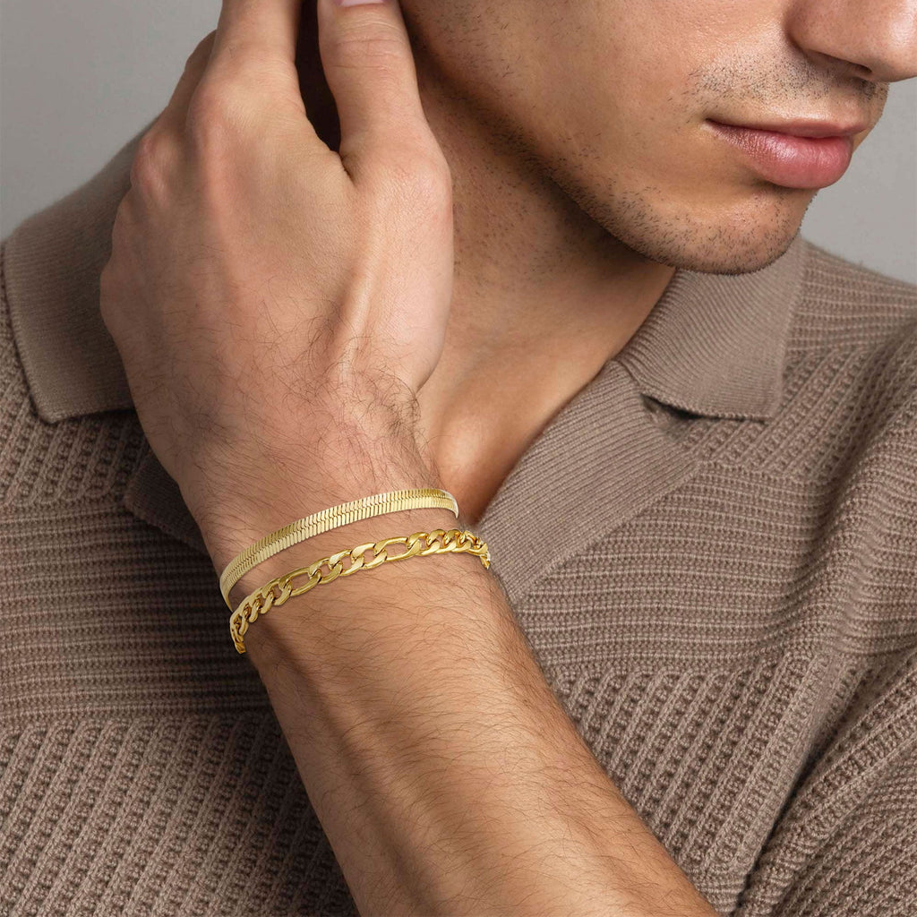 3 Pcs Sterling Plated Bracelets for Men Women Boys Charm Cuban Figaro Herringbone Chain Bracelets Set Easter Basket Stuffers Jewelry Gifts Teen Adults Kids 6.5/7/7.5/8.3/9 Inch