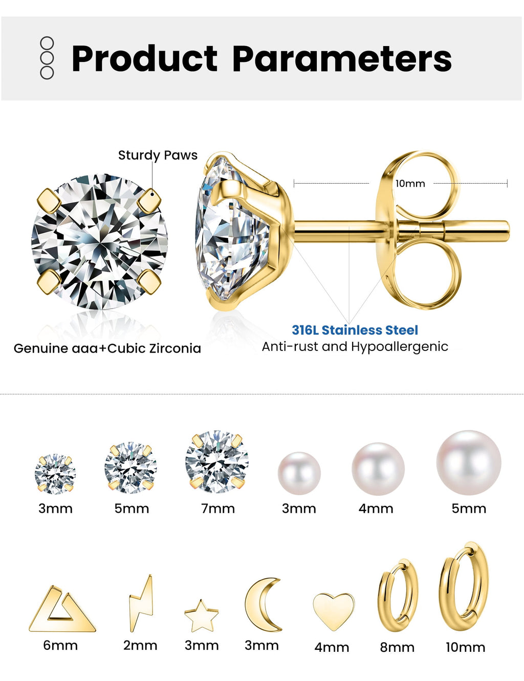 6 Pairs Stud Earrings Hypoallergenic Surgical Steel Cubic Zirconia Earrings