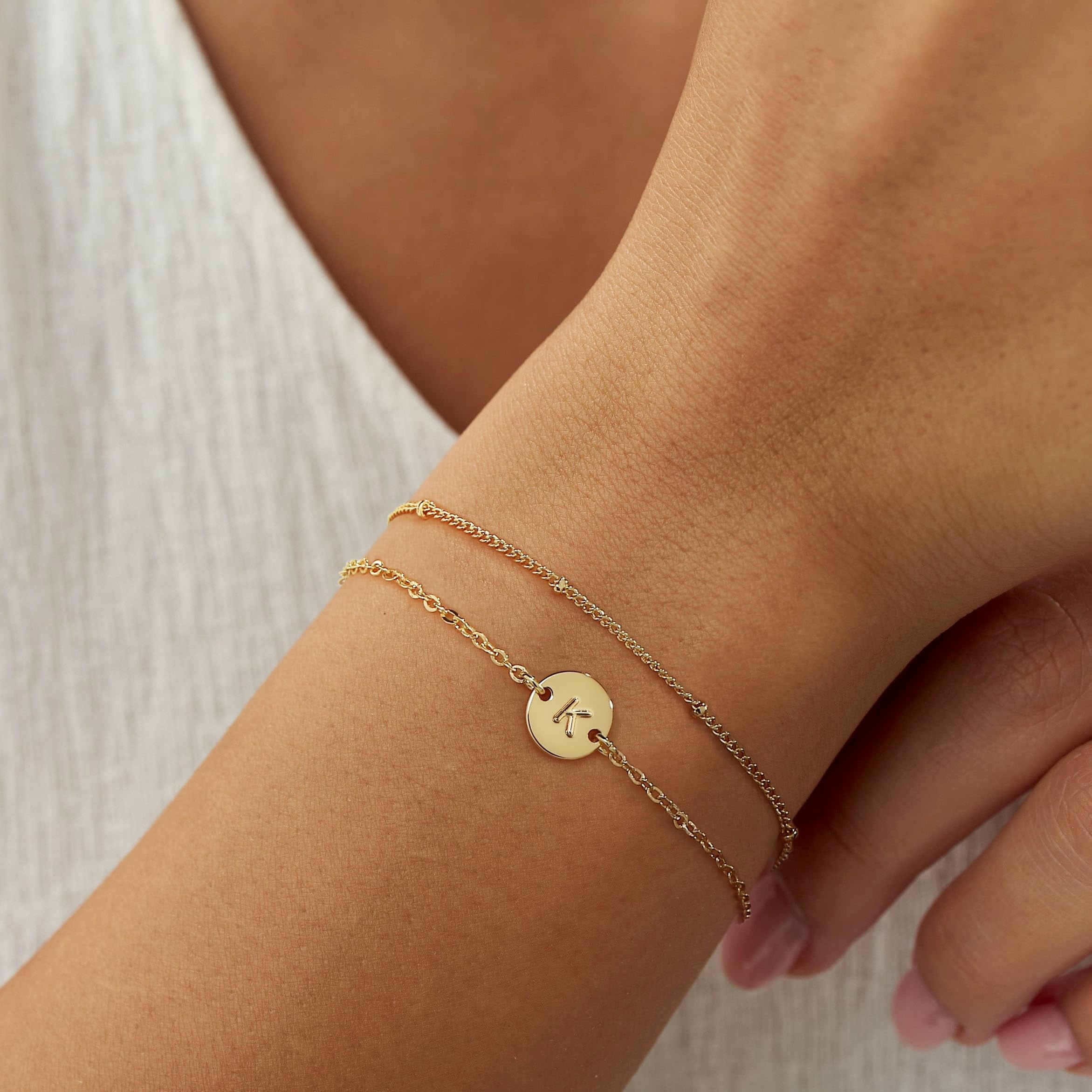 14K Plated Dainty Charm Disc Layered Initial Link Bracelet for Women Letter A-Z Jewelry Personalized Easter for Her Kids Women Girls