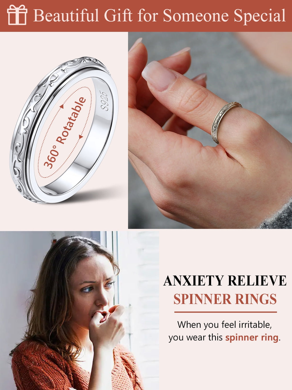 S925 Sterling Fidget Rings Embossed Celtic Spinner Rings Anxiety Stress Relieving Band Gifts for Women, Size 7