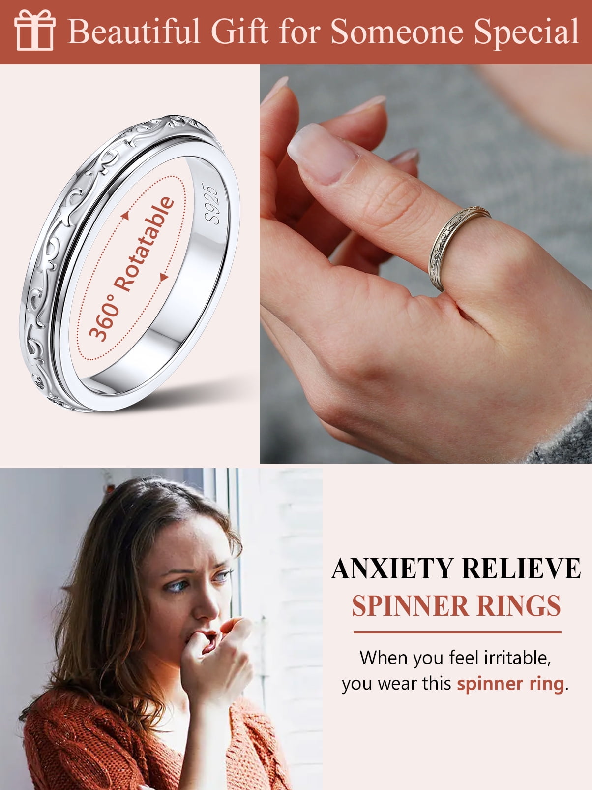 S925 Sterling Fidget Rings Embossed Celtic Spinner Rings Anxiety Stress Relieving Band Gifts for Women, Size 7