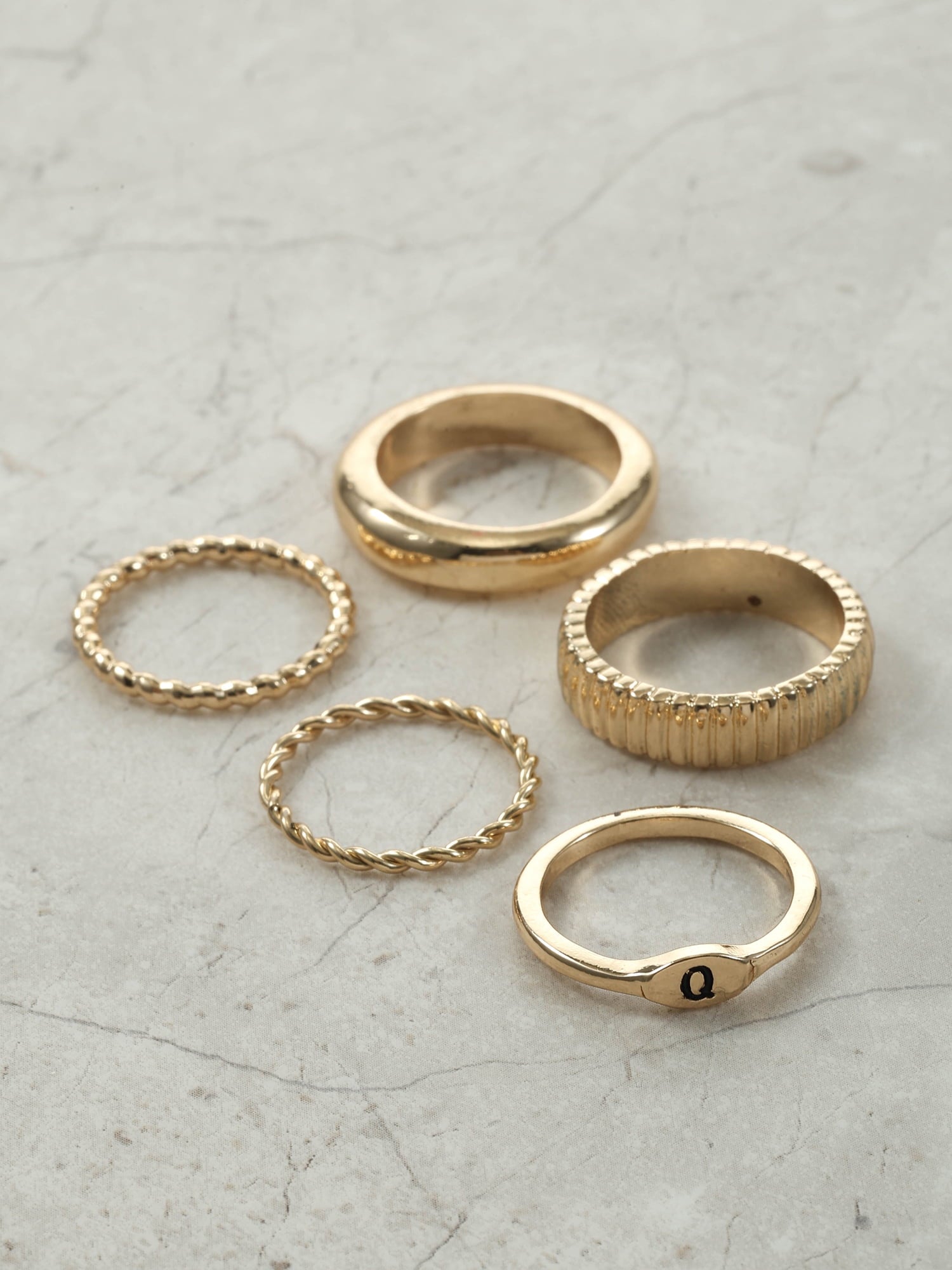 Goldtone Initial Ring Set, 5 Piece, Size 7, Initial J