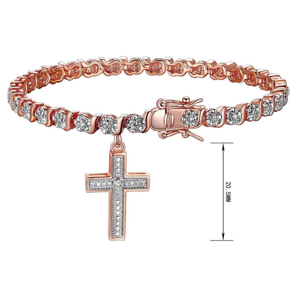 18K Yellow Plated Diamond Accent Cross Charm Tennis Bracelet, 7.25"