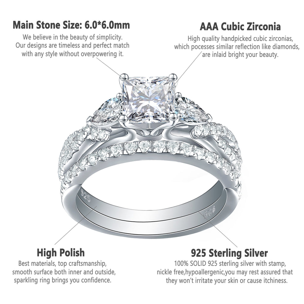 1.7ct Princess Pear White AAAAA Cz 925 Sterling Engagement Wedding Ring Set Size 6