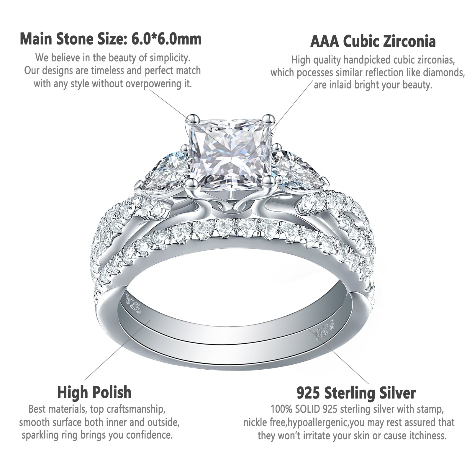 1.7ct Princess Pear White AAAAA Cz 925 Sterling Engagement Wedding Ring Set Size 6