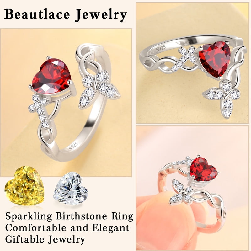 Heart Halo Ring,Butterfly 925 Sterling Adjustable Open Band Rings Valentines Jewelry Gifts for Women Mom-March