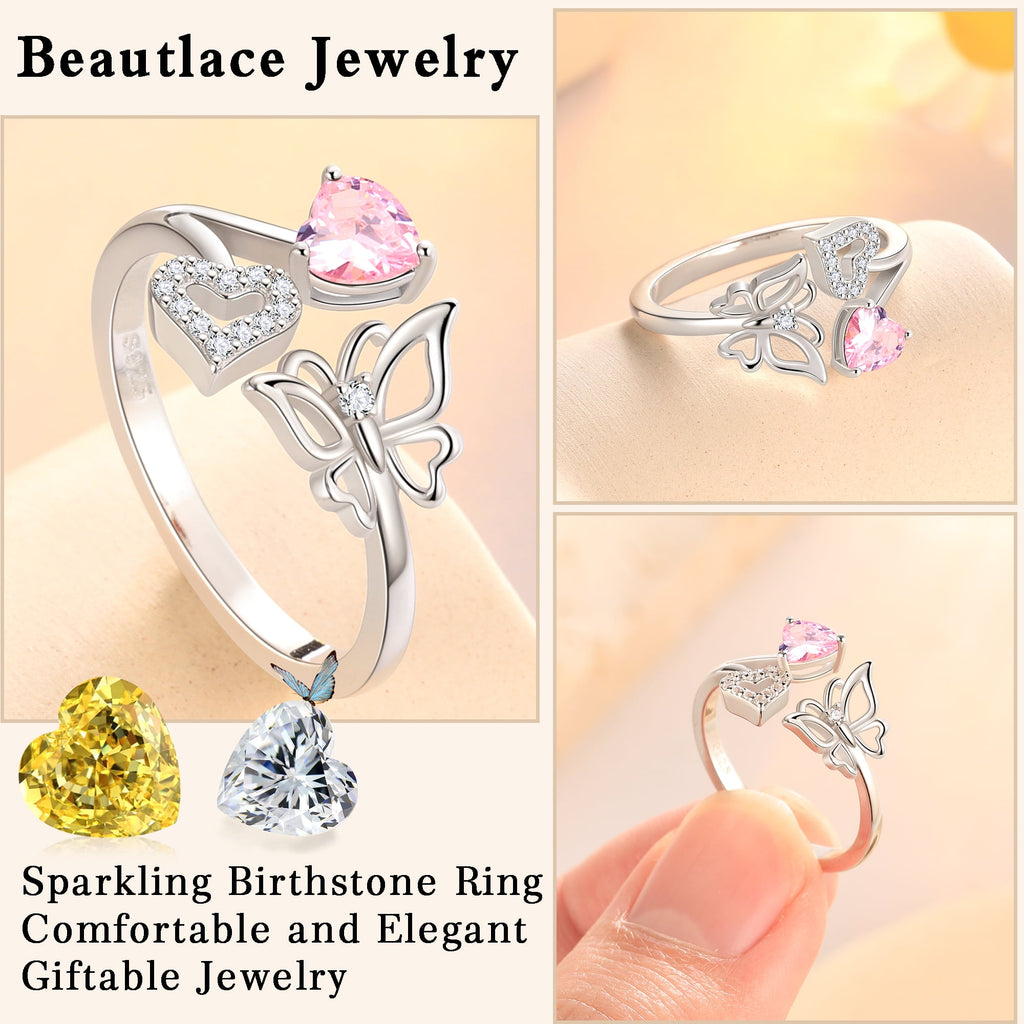 Rose Heart Ring,925 Sterling Adjustable Open Heart Rings Jewelry Gifts for Women Mom -December