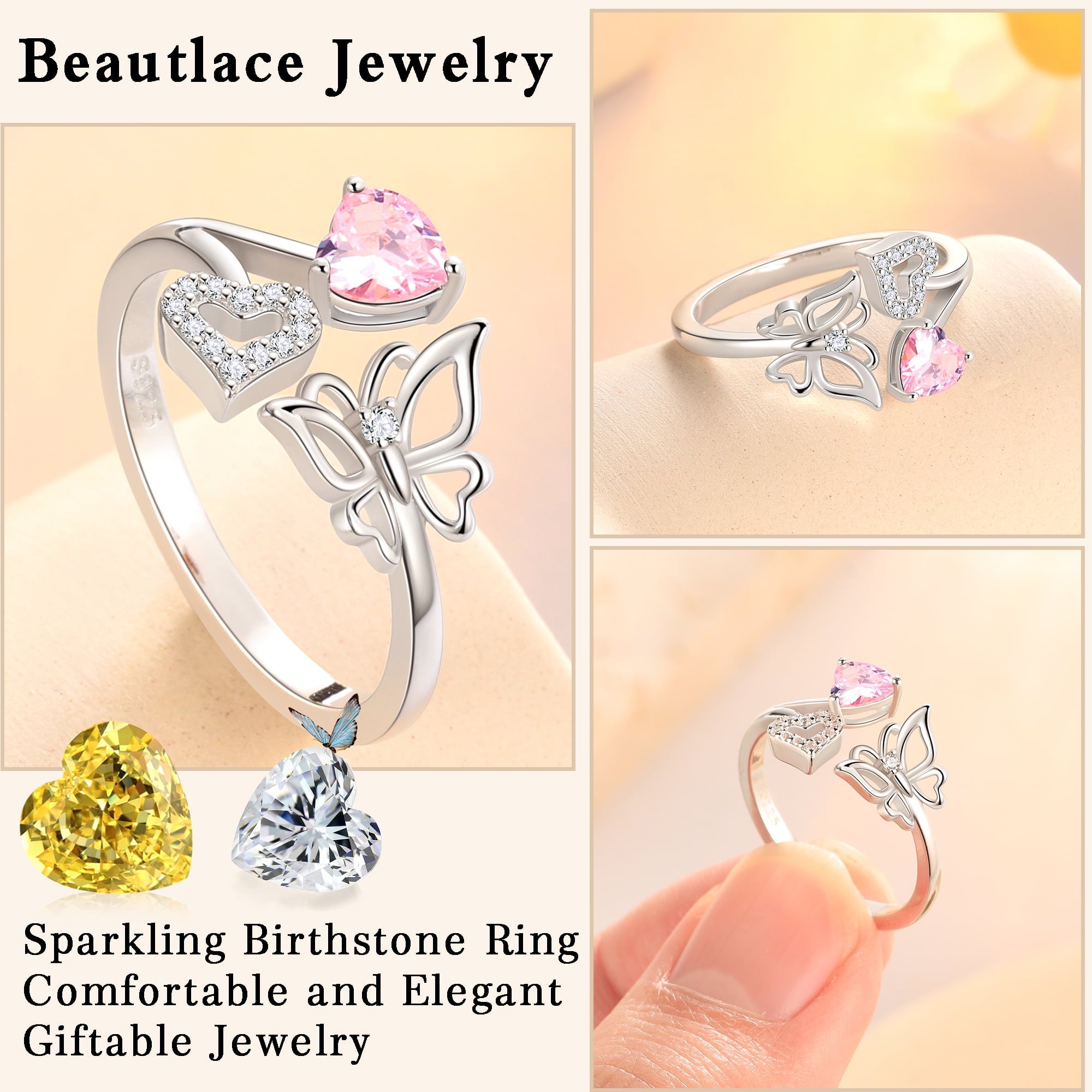 Rose Heart Ring,925 Sterling Adjustable Open Heart Rings Jewelry Gifts for Women Mom -December