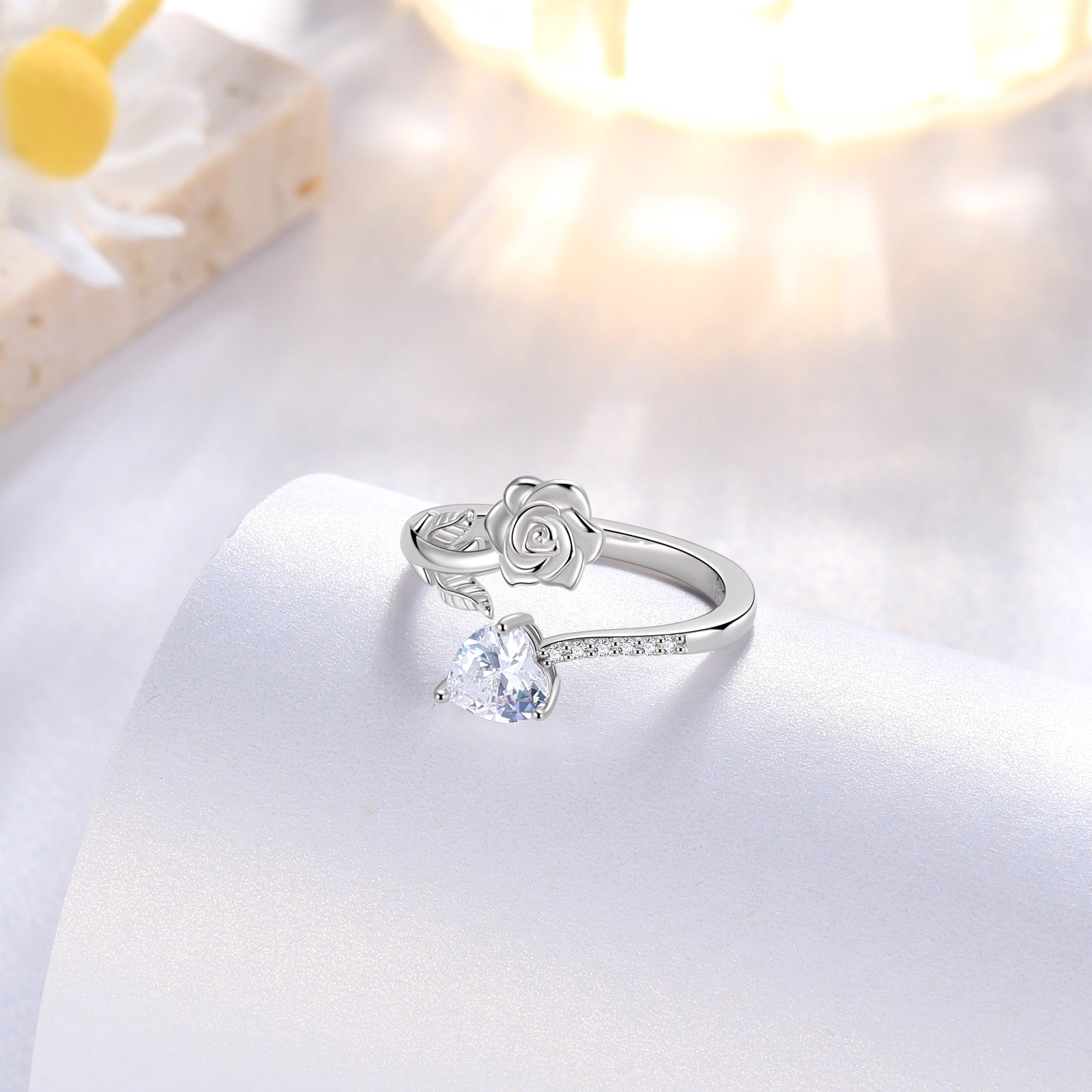Rose Heart Ring,925 Sterling Adjustable Open Heart Rings Jewelry Gifts for Women Mom -December