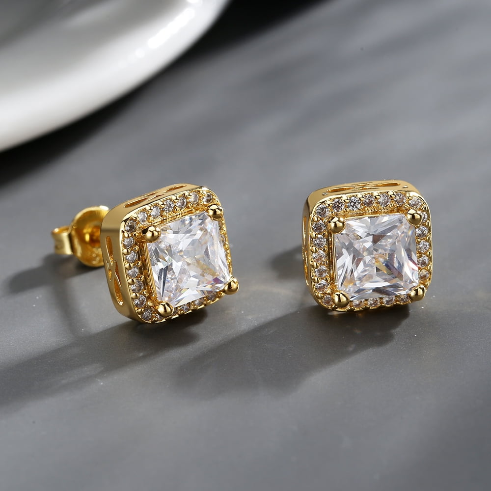 Square Halo Earrings with Crystals, 14K Plated over Sterling