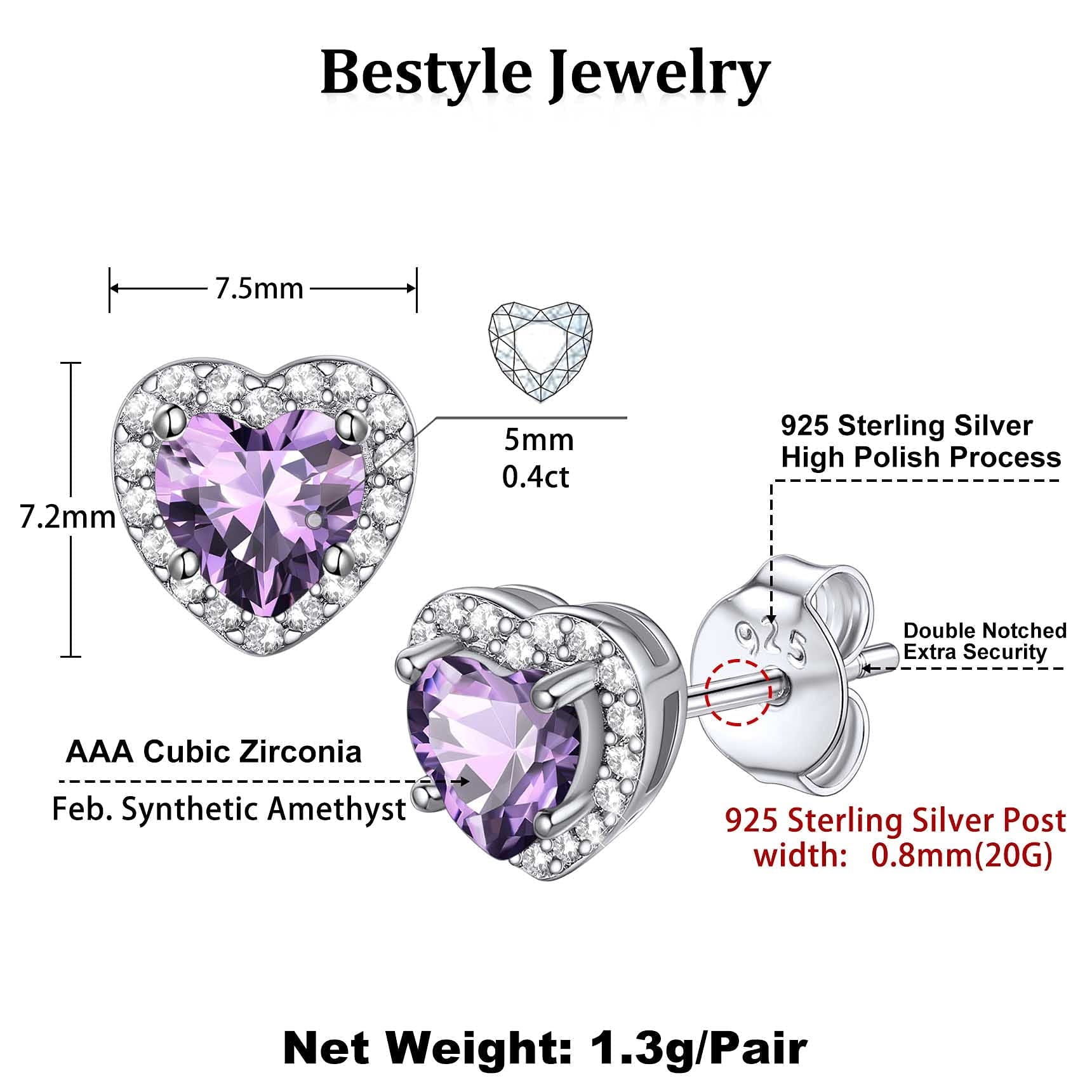 Stud Earrings for Women, 925 Sterling Heart Created Diamond Studs Earrings / Gifts - September