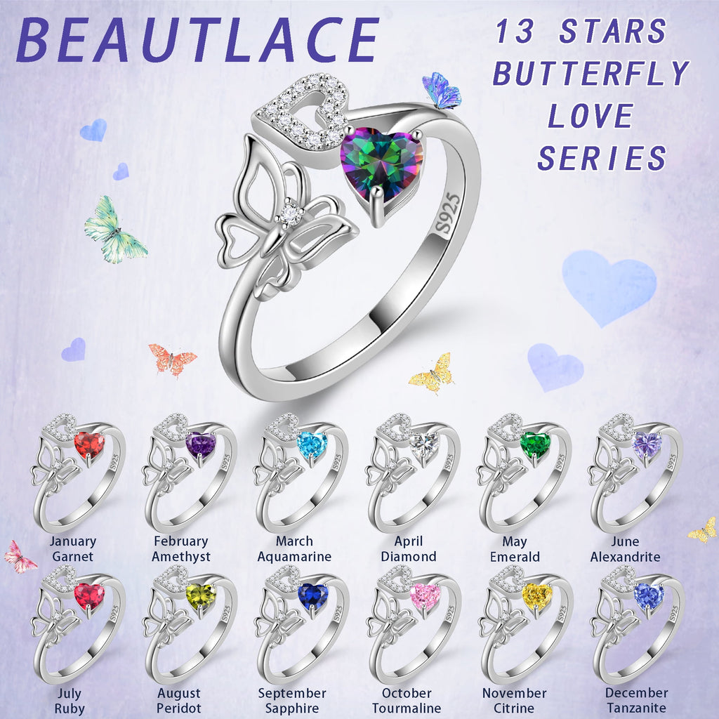 Rose Heart Ring,925 Sterling Adjustable Open Heart Rings Jewelry Gifts for Women Mom -December