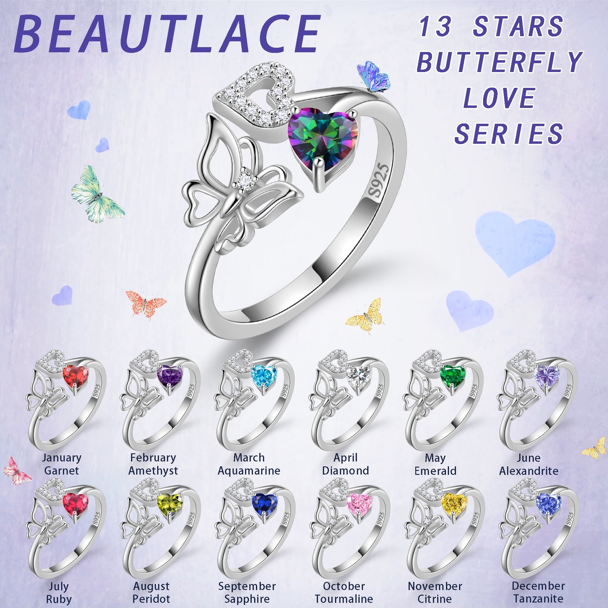 Rose Heart Ring,925 Sterling Adjustable Open Heart Rings Jewelry Gifts for Women Mom -December