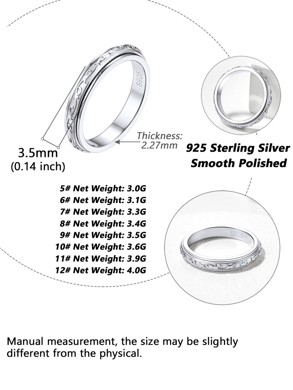 S925 Sterling Fidget Rings Embossed Celtic Spinner Rings Anxiety Stress Relieving Band Gifts for Women, Size 7