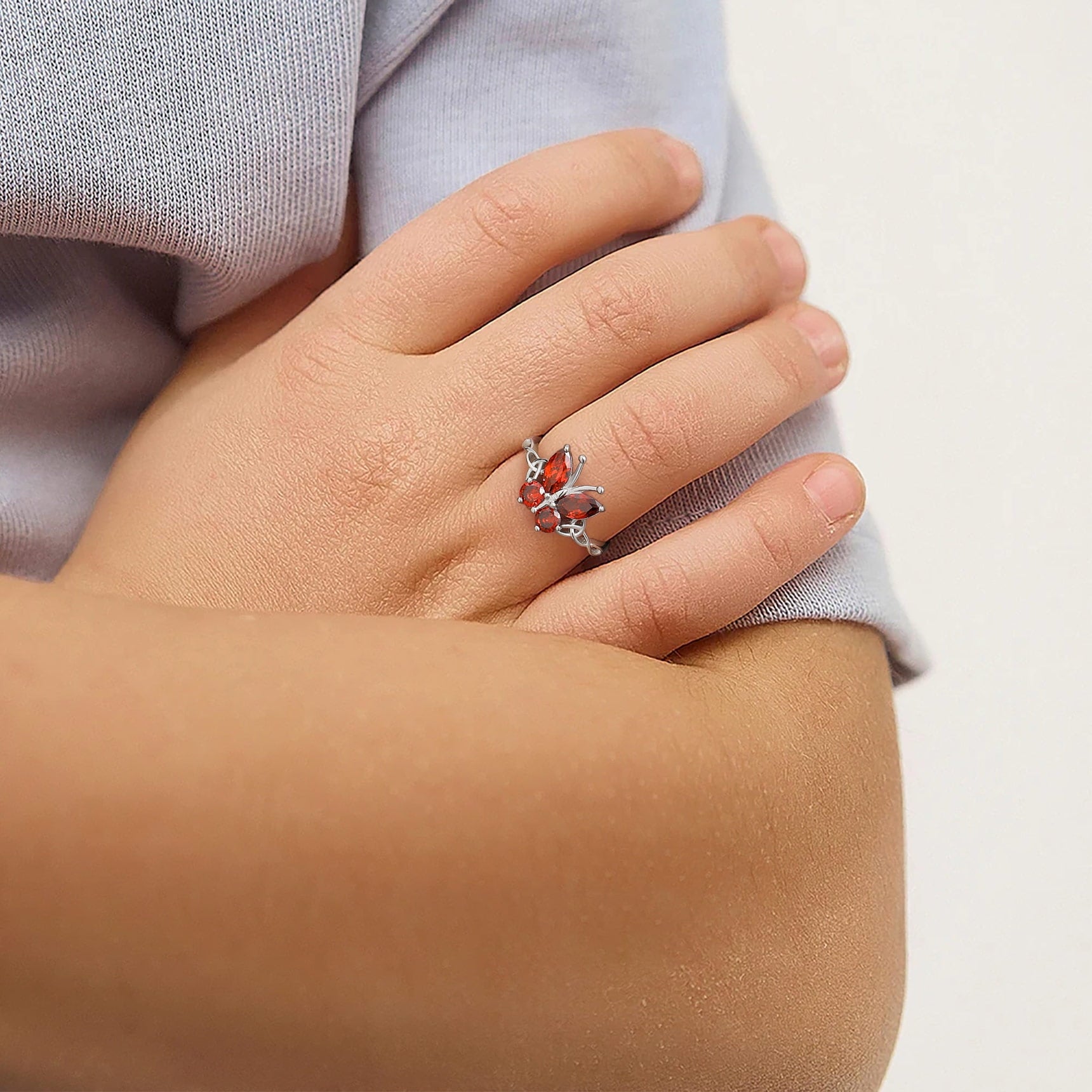 925 Sterling Butterfly Rings, July Ruby Adjustable Open Band Ring Jewelry Valentines Day