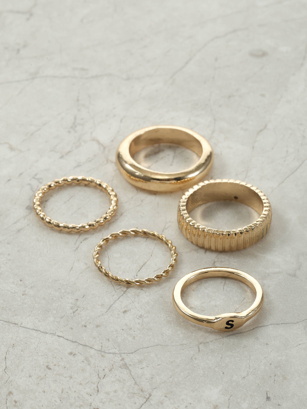 Goldtone Initial Ring Set, 5 Piece, Size 7, Initial J