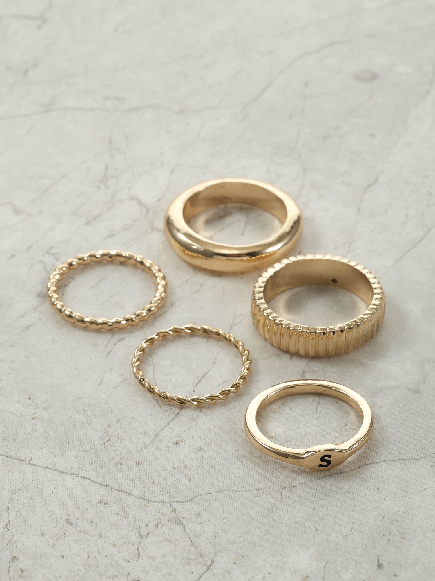 Goldtone Initial Ring Set, 5 Piece, Size 7, Initial J