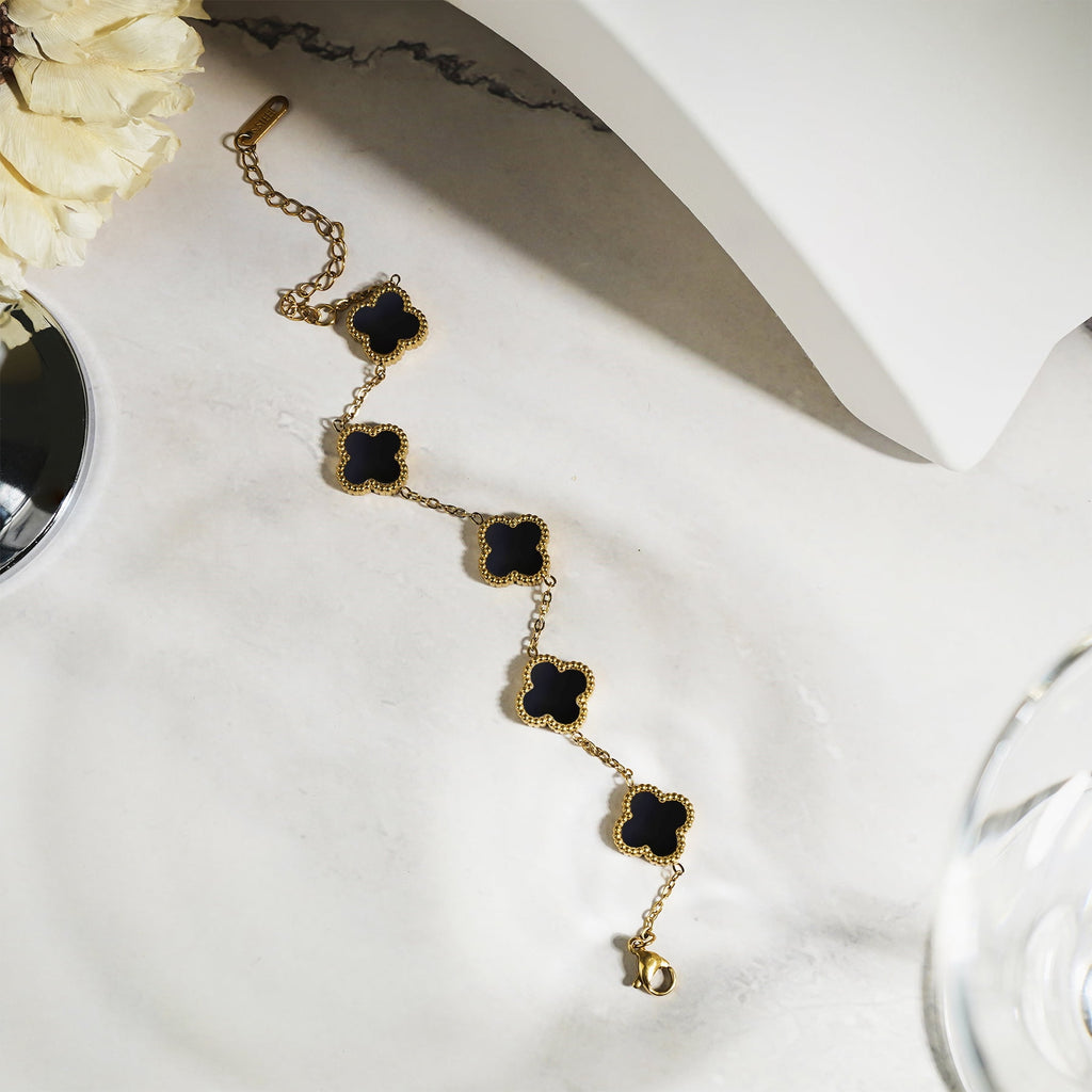White Flower Link Bracelet in Yellow Plated