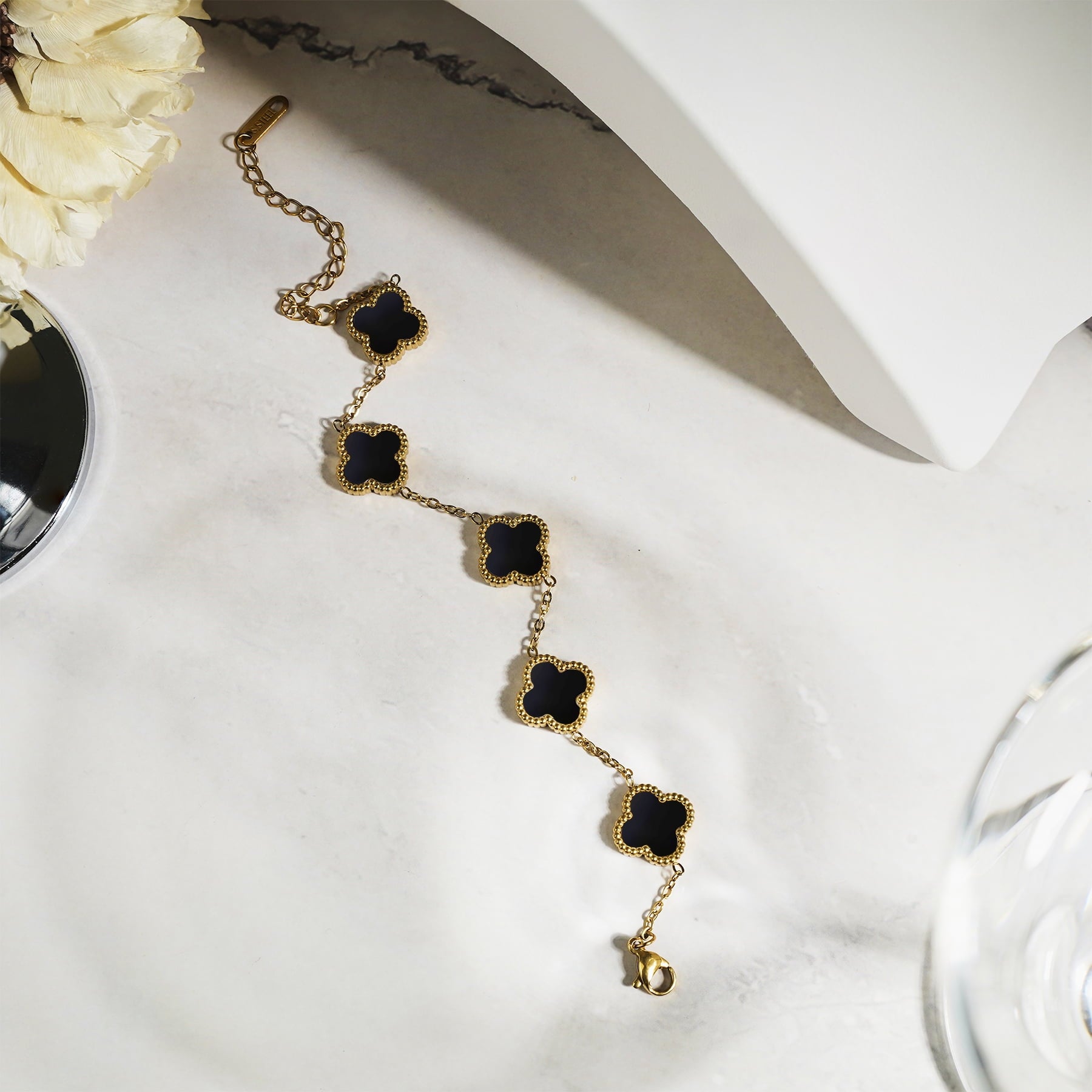 White Flower Link Bracelet in Yellow Plated