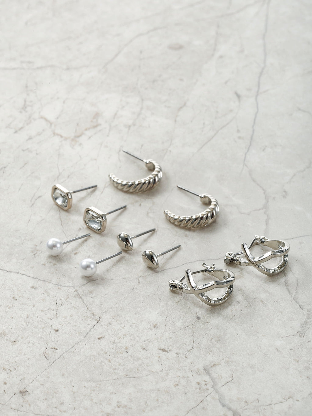 Silvertone Multi Earring Set, 5 Pairs, Initial B