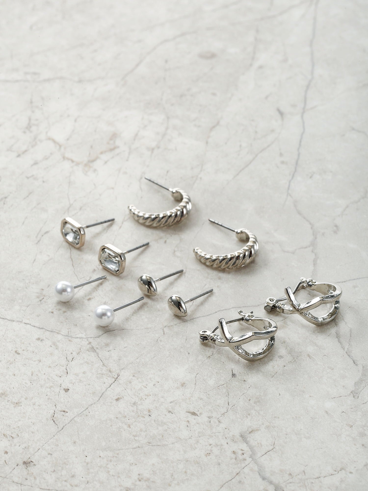 Silvertone Multi Earring Set, 5 Pairs, Initial B