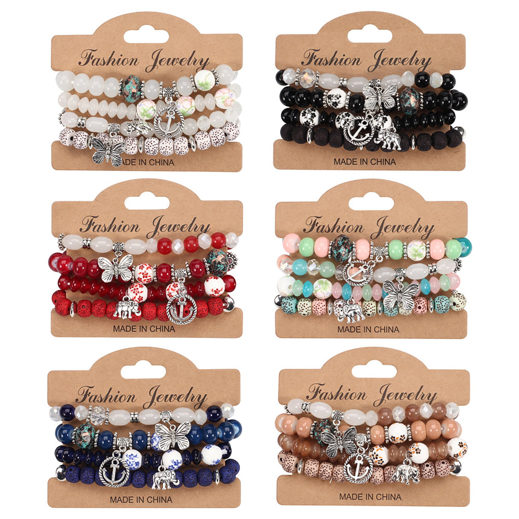 4 PCS Bohemian Stretch Anchor Bracelets Elephant Butterfly Retro Bracelets Suitable for Girls Women Gifts