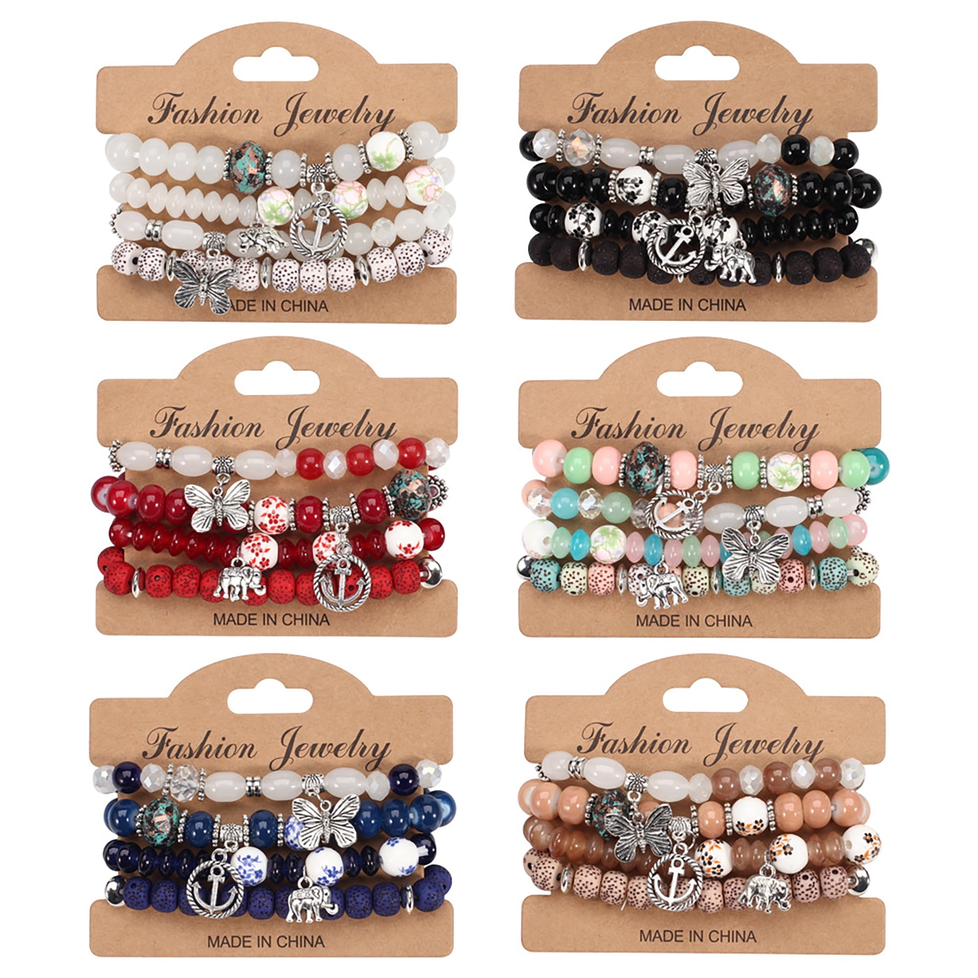 4 PCS Bohemian Stretch Anchor Bracelets Elephant Butterfly Retro Bracelets Suitable for Girls Women Gifts
