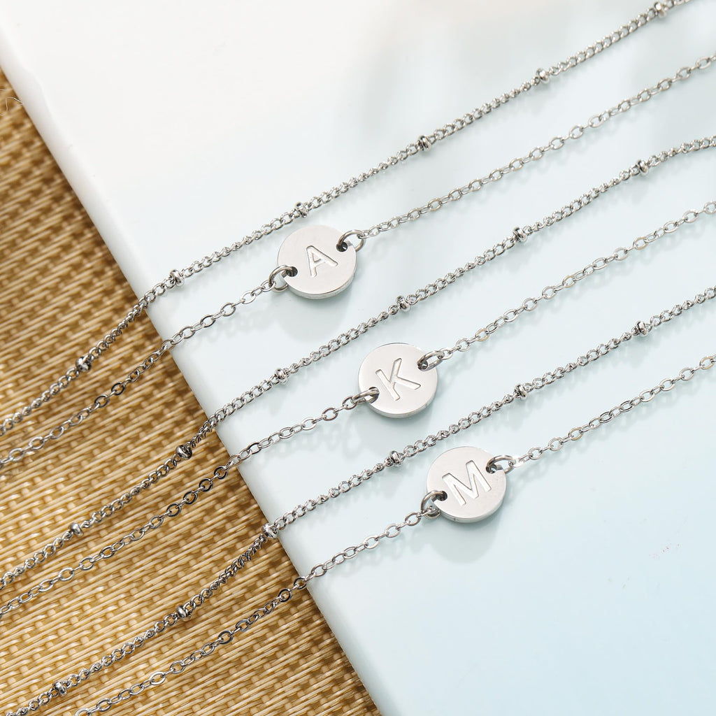 14K Plated Dainty Charm Disc Layered Initial Link Bracelet for Women Letter A-Z Jewelry Personalized Easter for Her Kids Women Girls