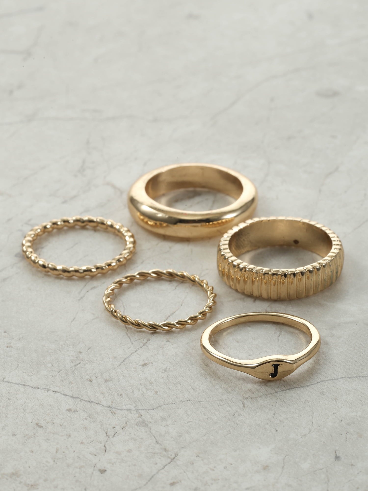 Goldtone Initial Ring Set, 5 Piece, Size 7, Initial J