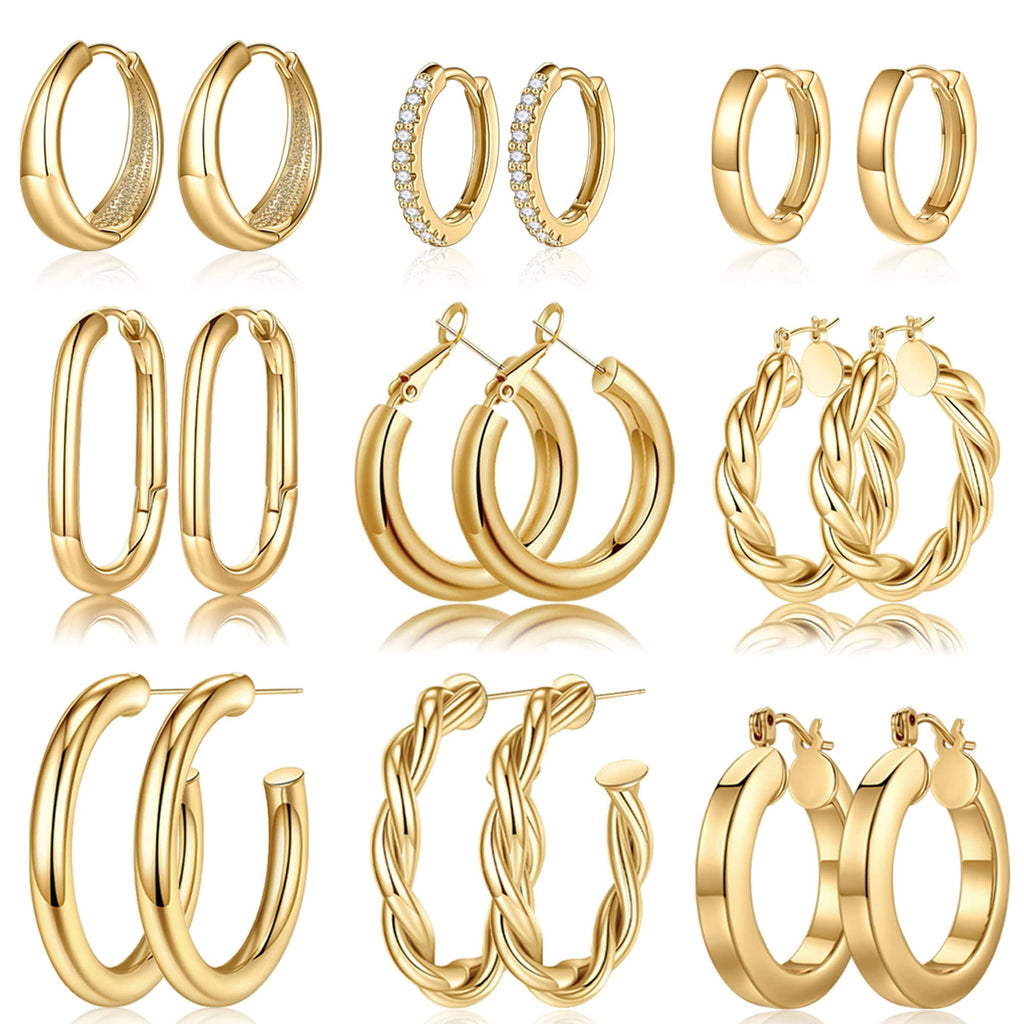 9 Pairs 14K Plated Chunky Twisted Huggie Hoop Earrings Set for Women Waterproof Thick Lightweight Jewelry Trend Easter Gifts for Women Her