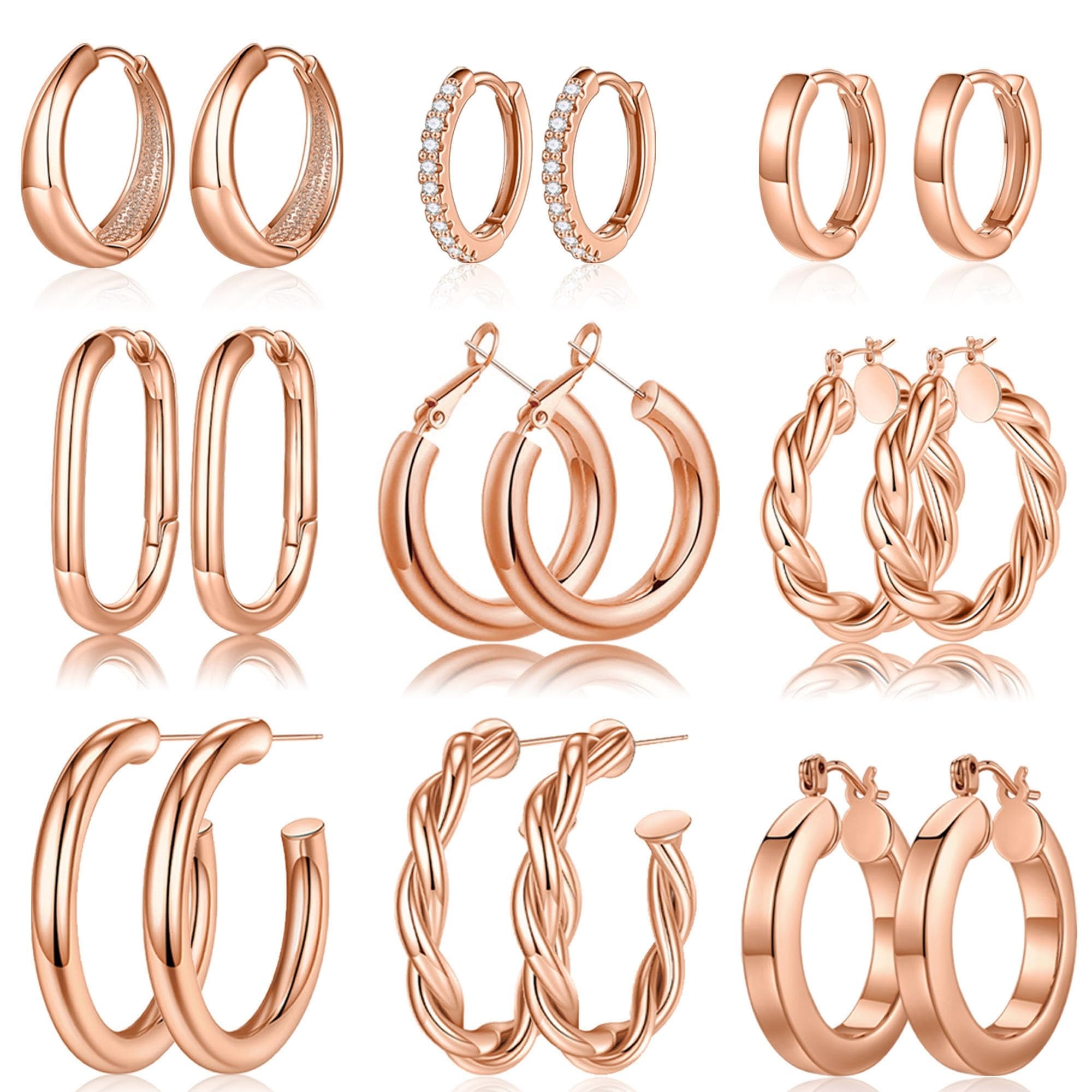 9 Pairs 14K Plated Chunky Twisted Huggie Hoop Earrings Set for Women Waterproof Thick Lightweight Jewelry Trend Easter Gifts for Women Her