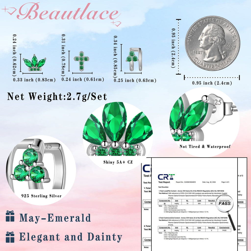 3 Pairs 925 Sterling Cross Earrings Set for Women, Flower Studs and Ear Cuffs Jewelry Set for Her