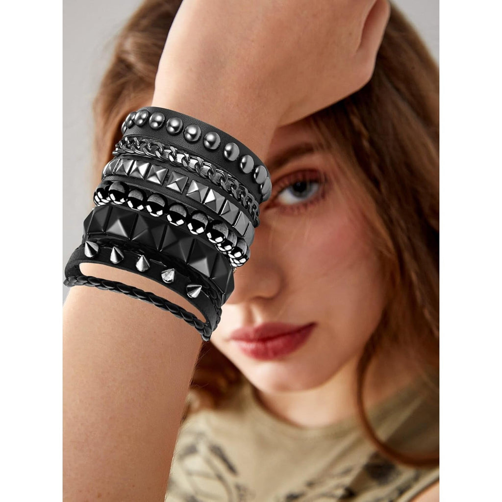 4 Pcs Punk Rock Leather Studded Bracelets for Men Women 80s Gothic Spike Cuff Bracelet Set Emo Accessories for Rocker Outfits