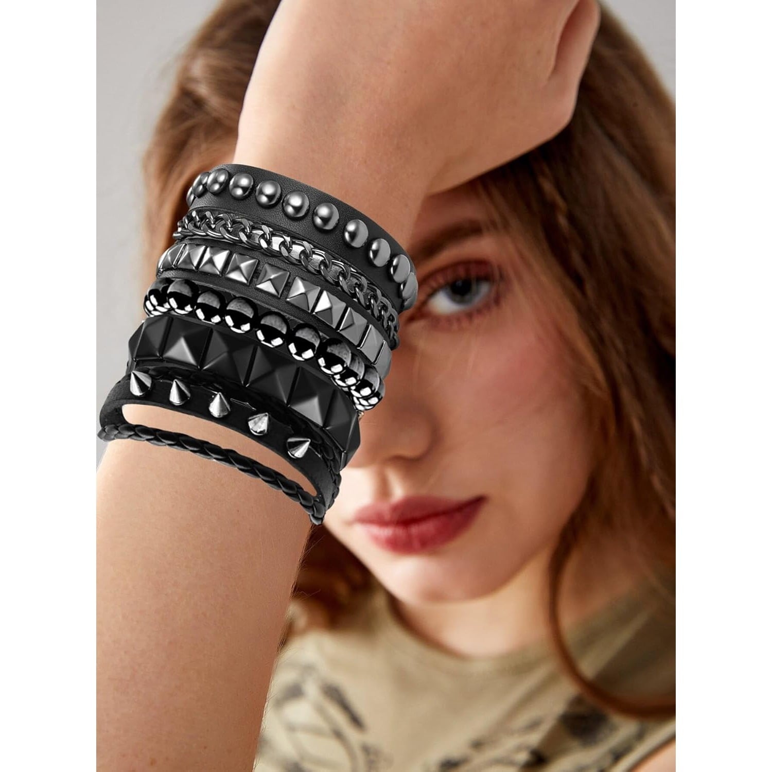 4 Pcs Punk Rock Leather Studded Bracelets for Men Women 80s Gothic Spike Cuff Bracelet Set Emo Accessories for Rocker Outfits