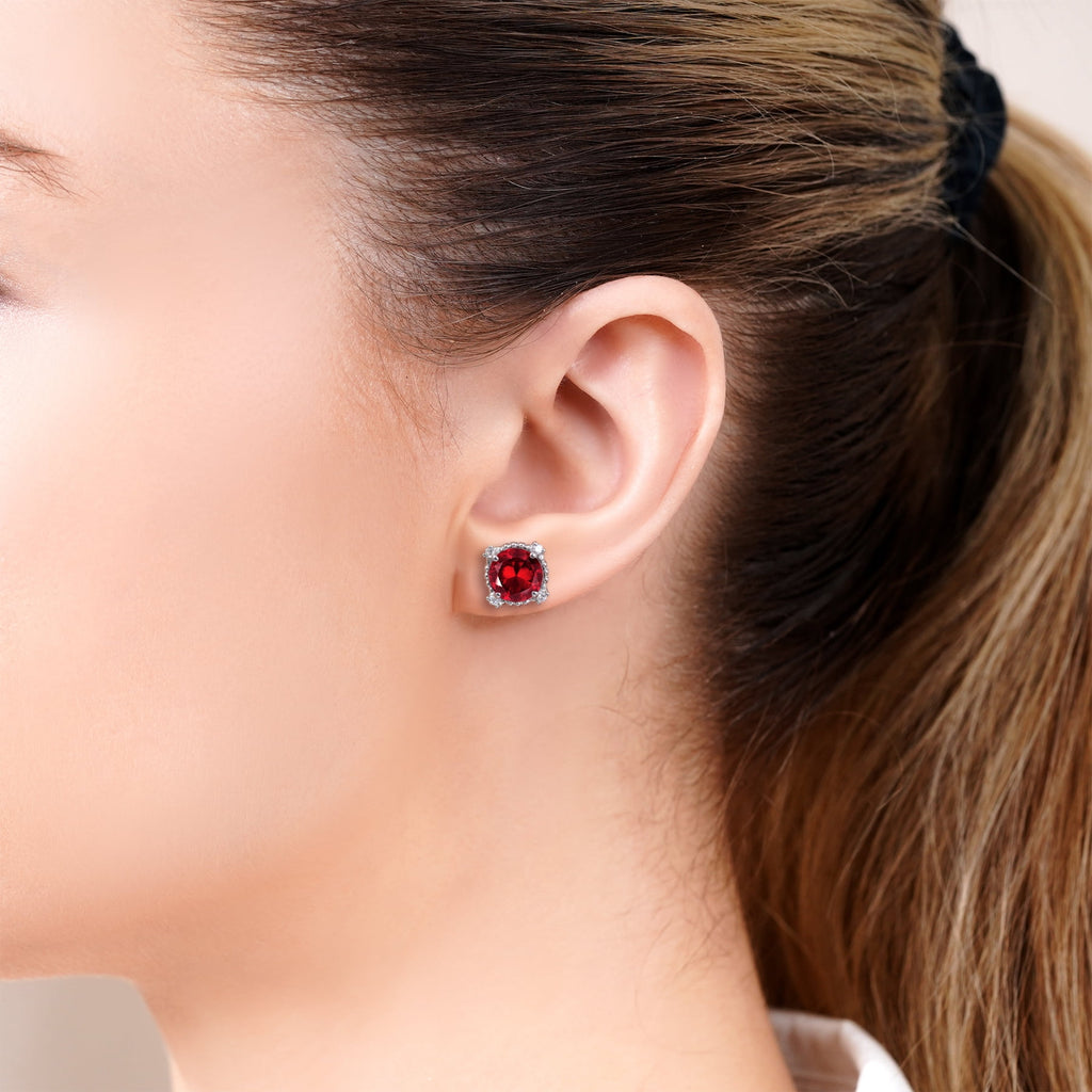 3.5 Round Cut April Stud Earrings - Halo Milgrain Earrings in 18K White Plating for Women