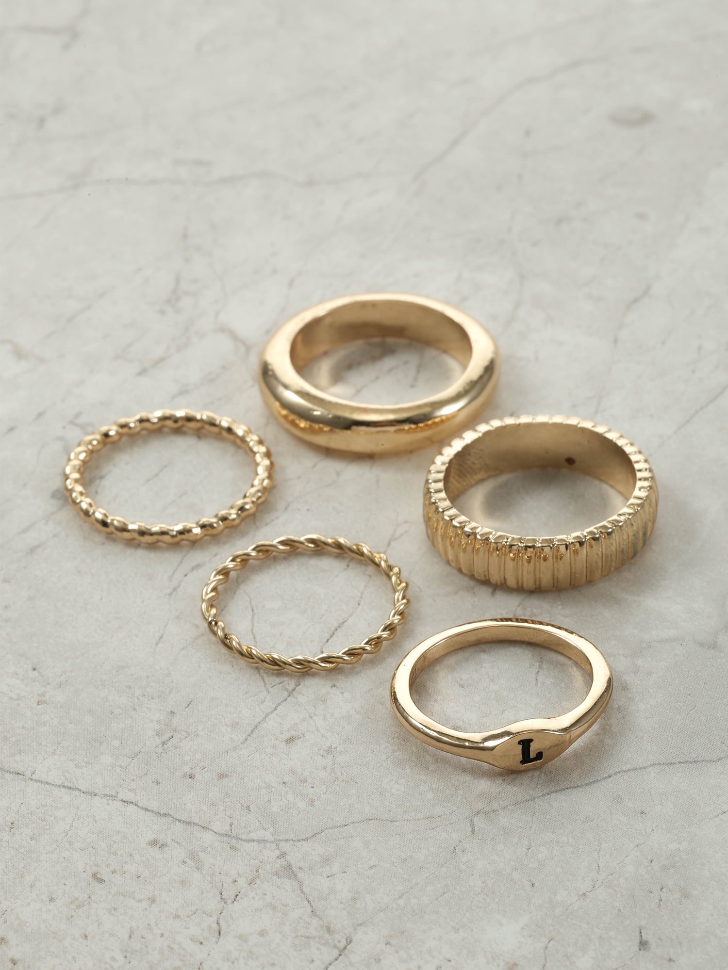 Goldtone Initial Ring Set, 5 Piece, Size 7, Initial J