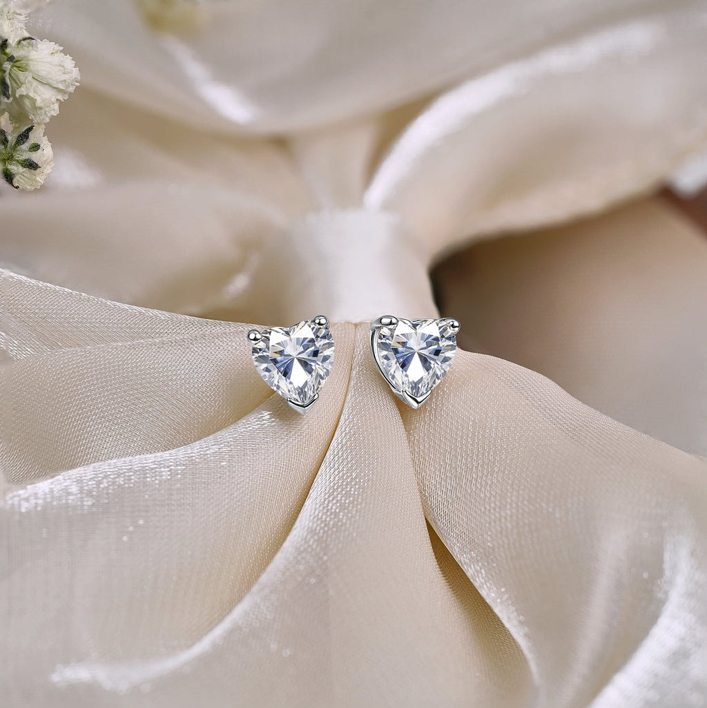 1.5 Heart Cut - Cubic Zirconia - April Solitaire Stud Earrings in 18K White Plating for Women
