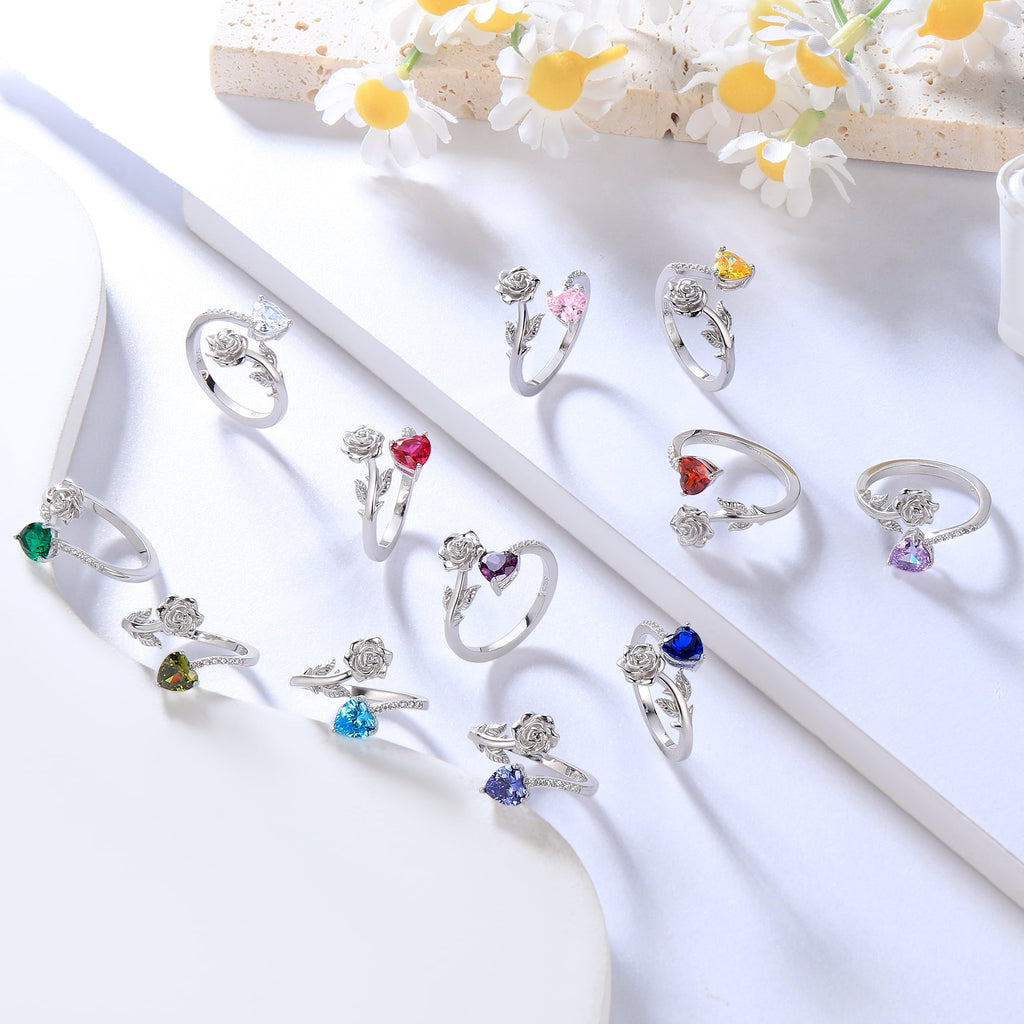 Rose Heart Ring,925 Sterling Adjustable Open Heart Rings Jewelry Gifts for Women Mom -December