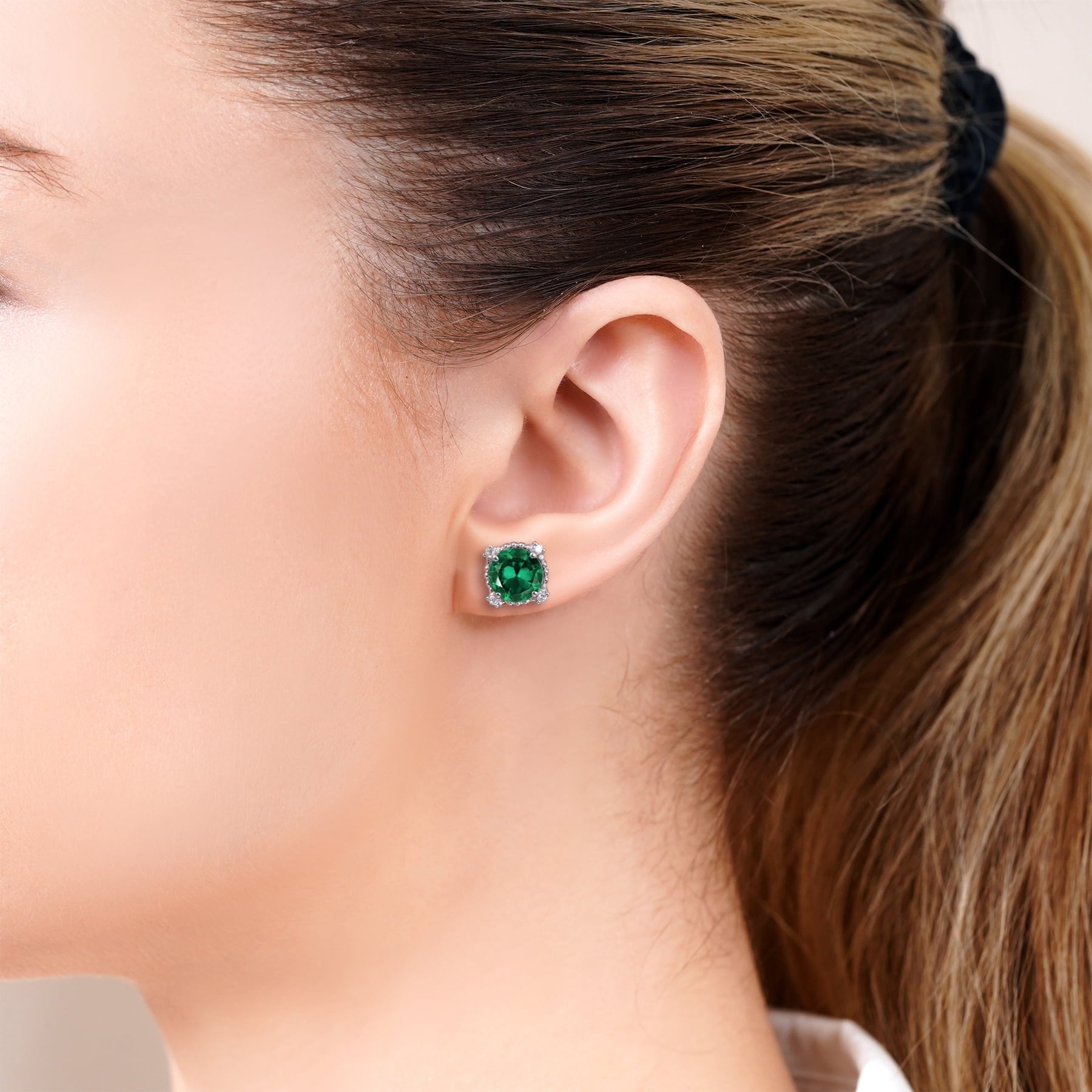 3.5 Round Cut April Stud Earrings - Halo Milgrain Earrings in 18K White Plating for Women