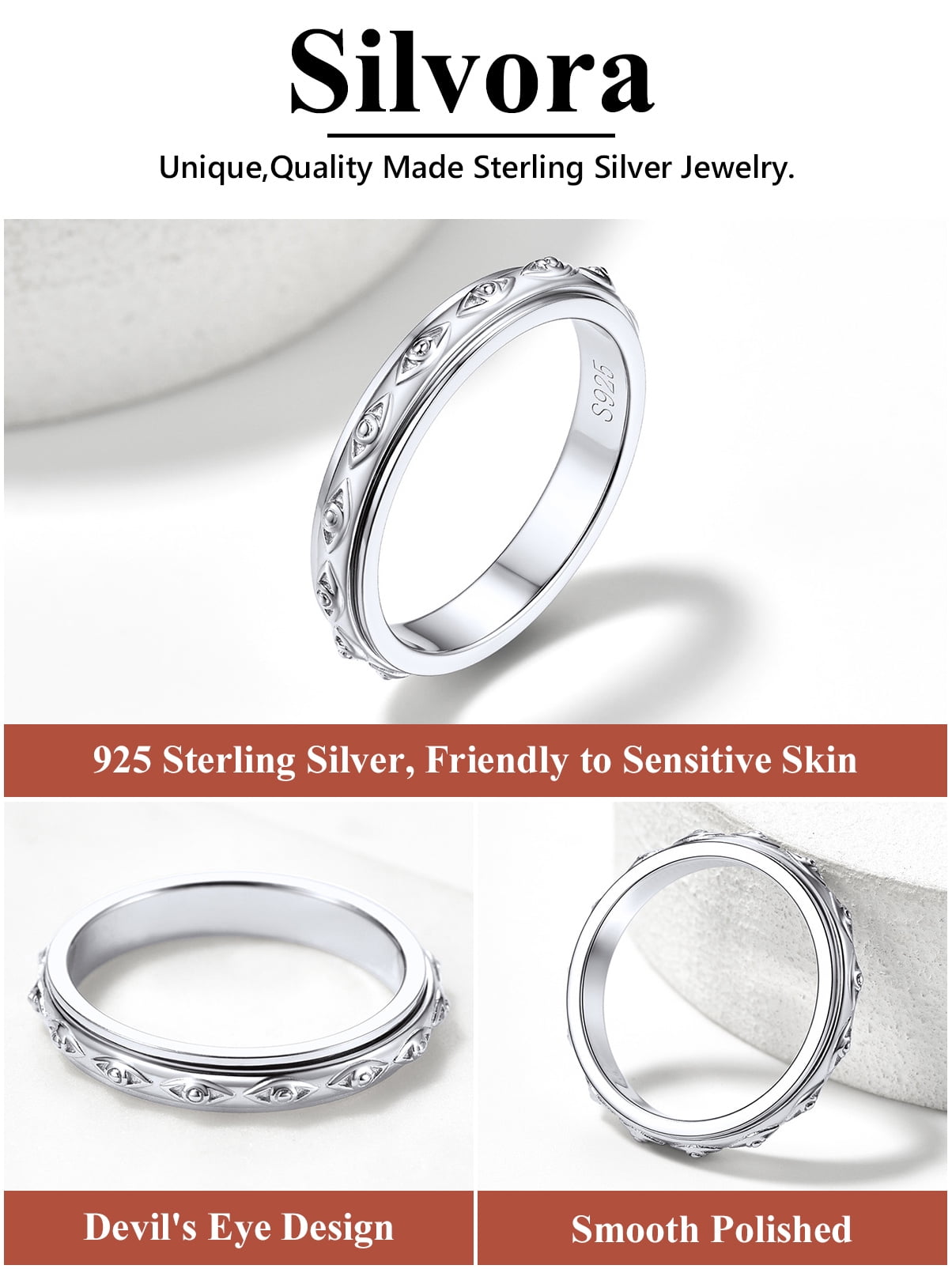 S925 Sterling Fidget Rings Embossed Celtic Spinner Rings Anxiety Stress Relieving Band Gifts for Women, Size 7