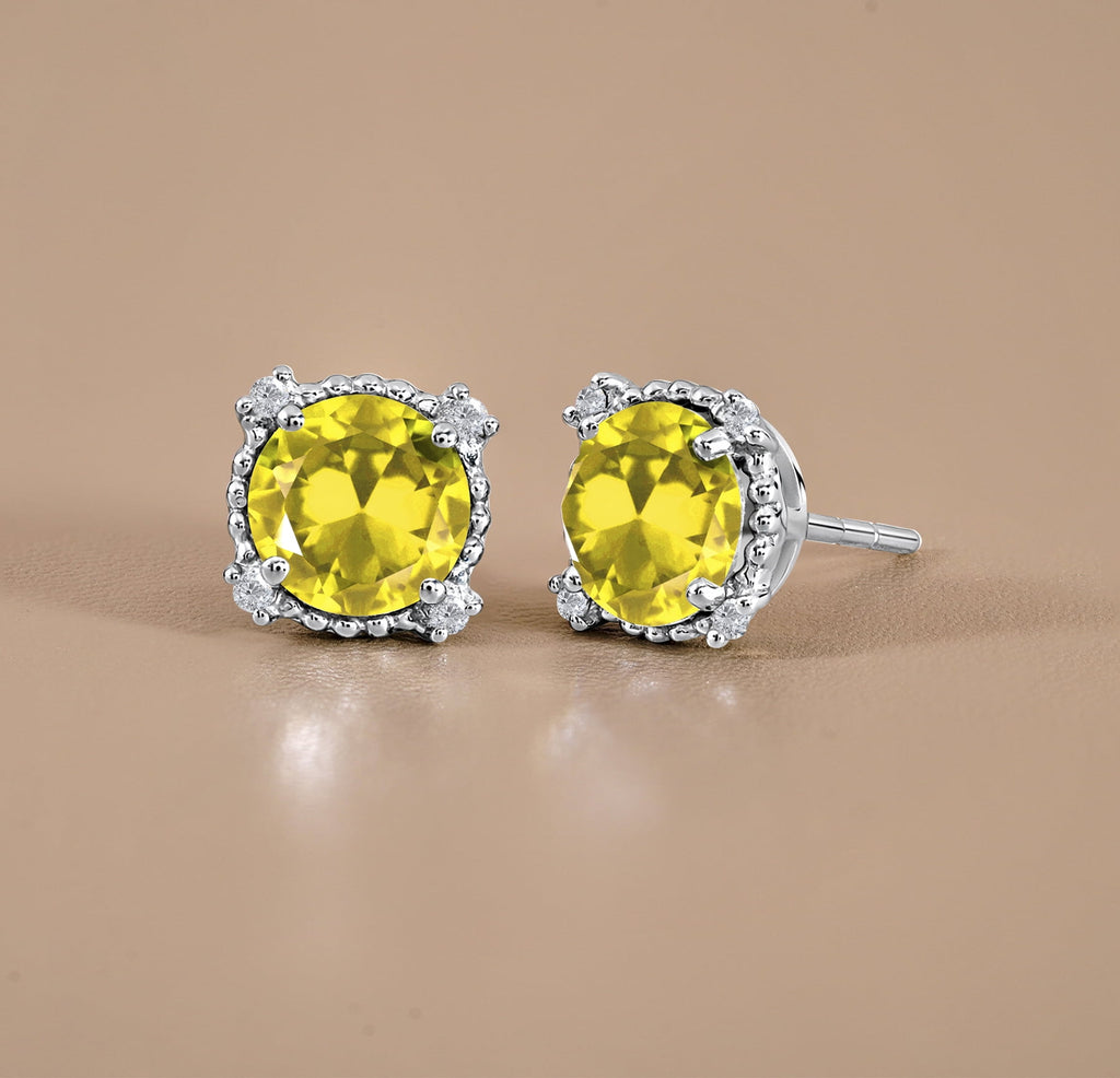 3.5 Round Cut April Stud Earrings - Halo Milgrain Earrings in 18K White Plating for Women