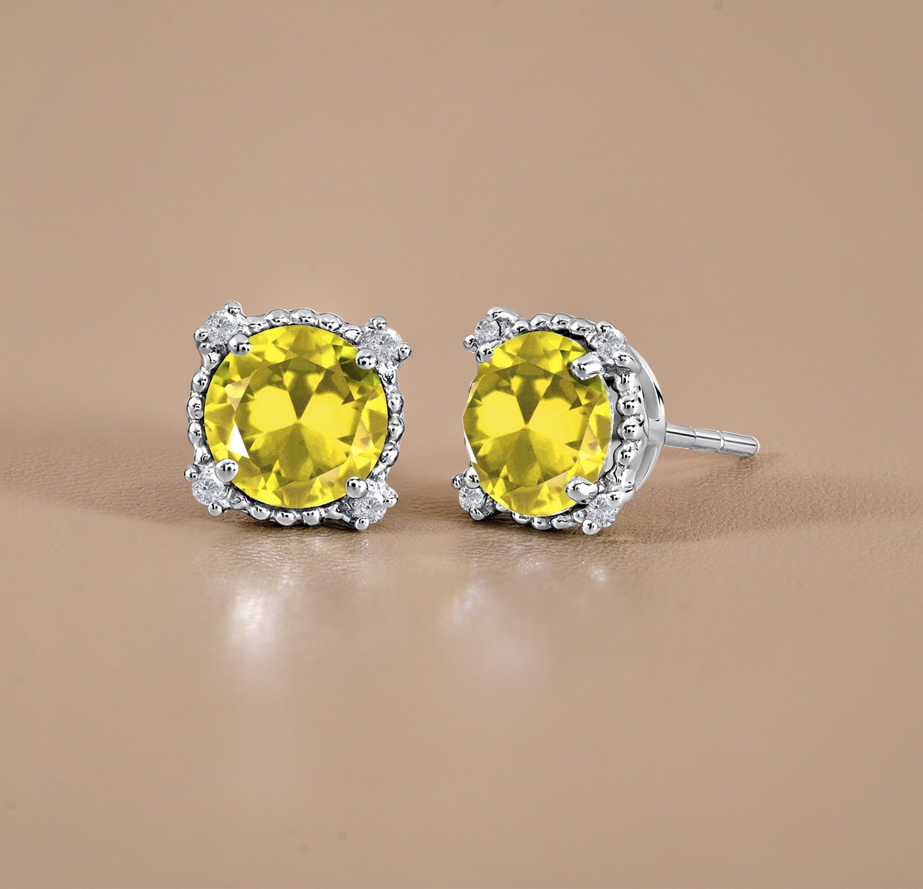 3.5 Round Cut April Stud Earrings - Halo Milgrain Earrings in 18K White Plating for Women