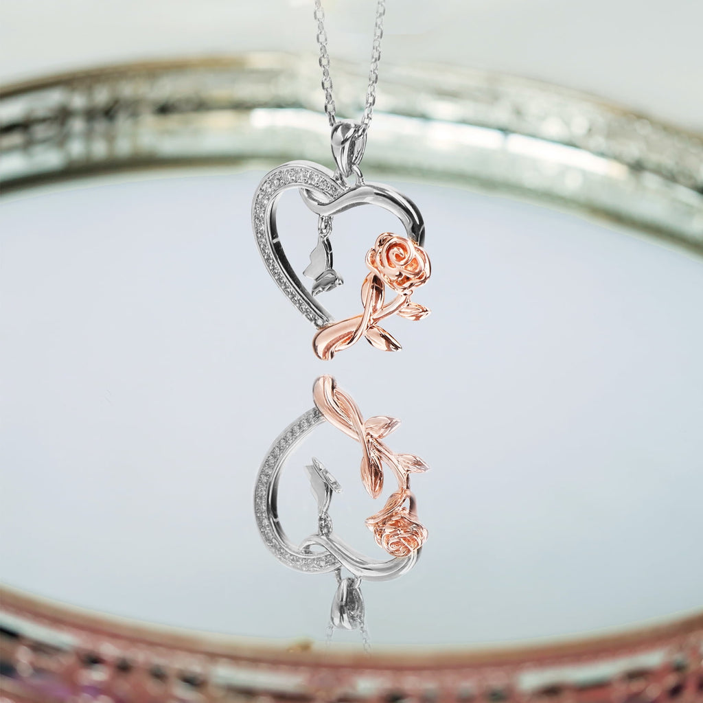 Heart Necklace for Women 14k Plated CZ Rose and Butterfly Jewelry for Women 's Day