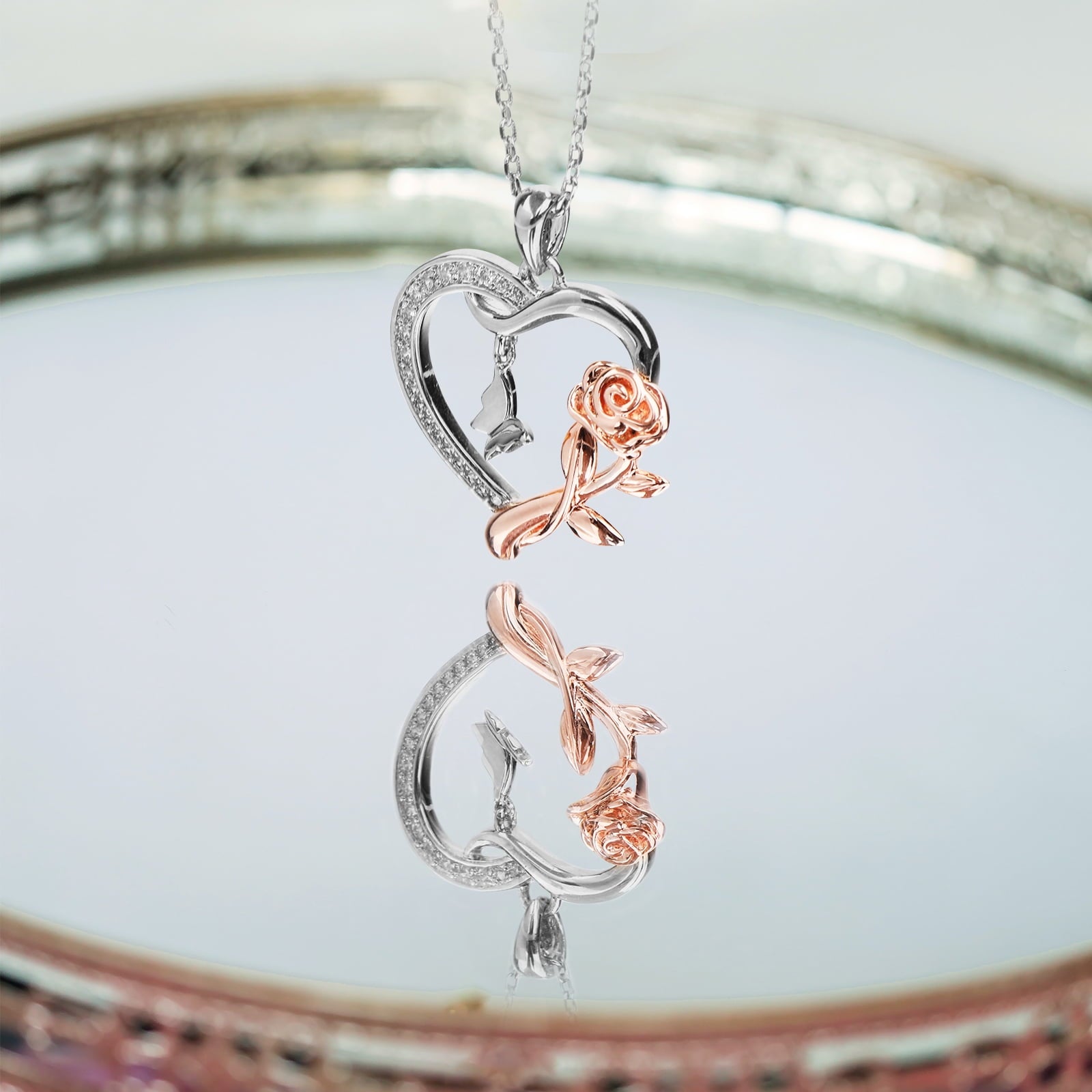 Heart Necklace for Women 14k Plated CZ Rose and Butterfly Jewelry for Women 's Day