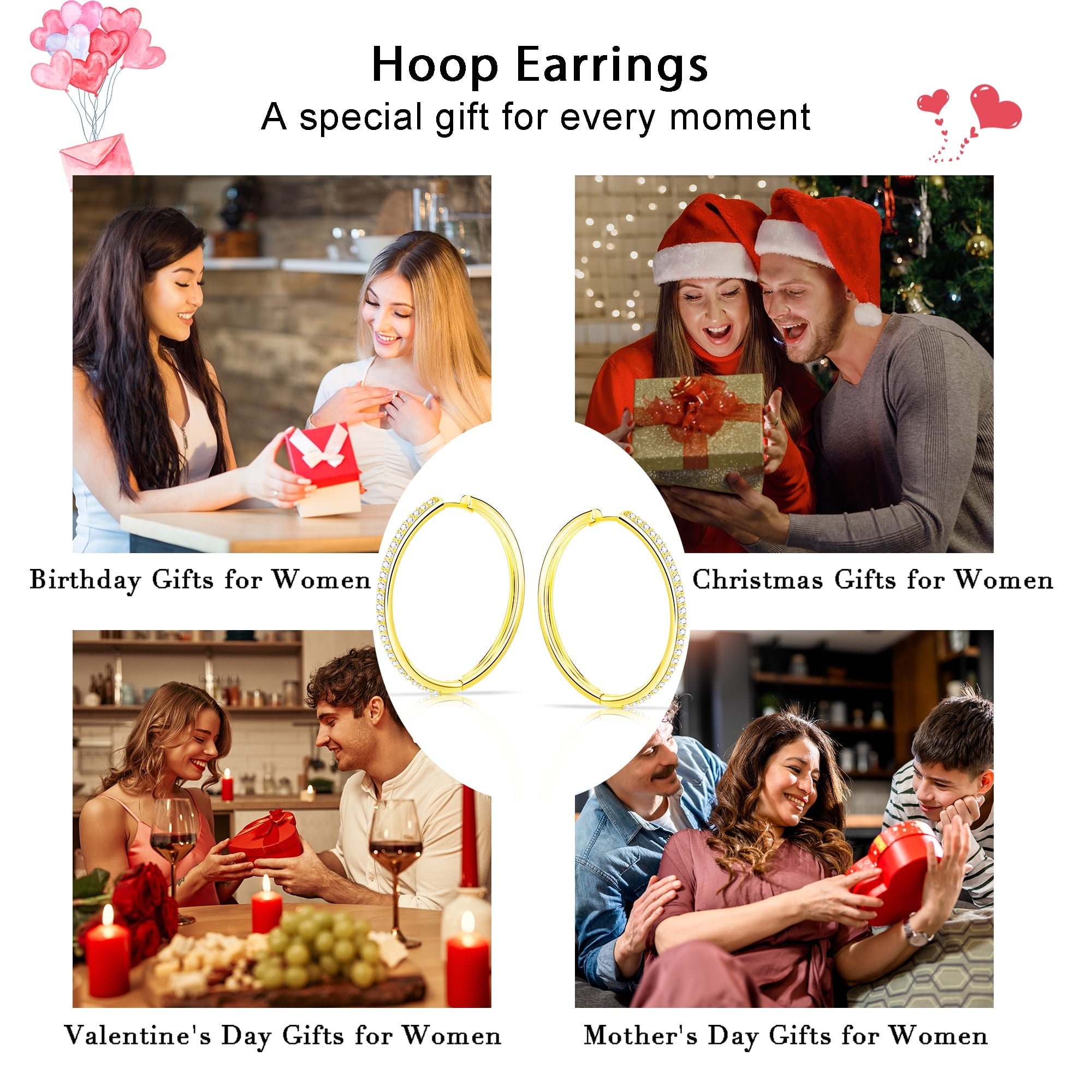 4 Pairs Hoop Earrings for Women CZ Small Huggie Cartilage Post Hypoallergenic Earrings Set for Multiple Piercing Valentines Day Jewelry Gifts Her Teen Mom Wife Lady Adults Ideas
