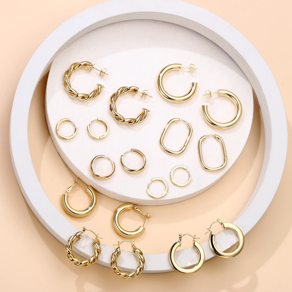 9 Pairs 14K Plated Chunky Twisted Huggie Hoop Earrings Set for Women Waterproof Thick Lightweight Jewelry Trend Easter Gifts for Women Her
